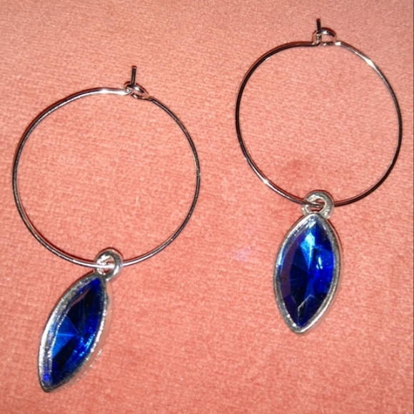 Cobalt Blue Marquis Rhinestone Silver Charm Hoop Earrings Hoops Handmade KATTA - Picture 4 of 9